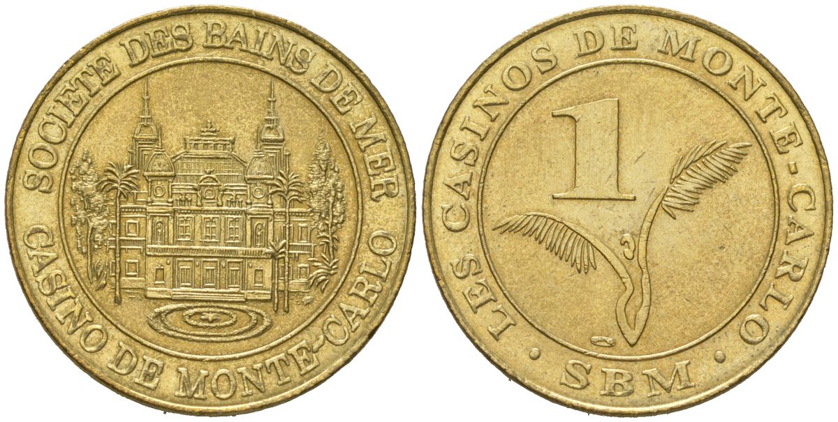 Казино Монте-Карло в Монако 1 франк ND (2001-2002) вес 9,99 гр, диаметр 28 мм TC 492615 латунь 92-133