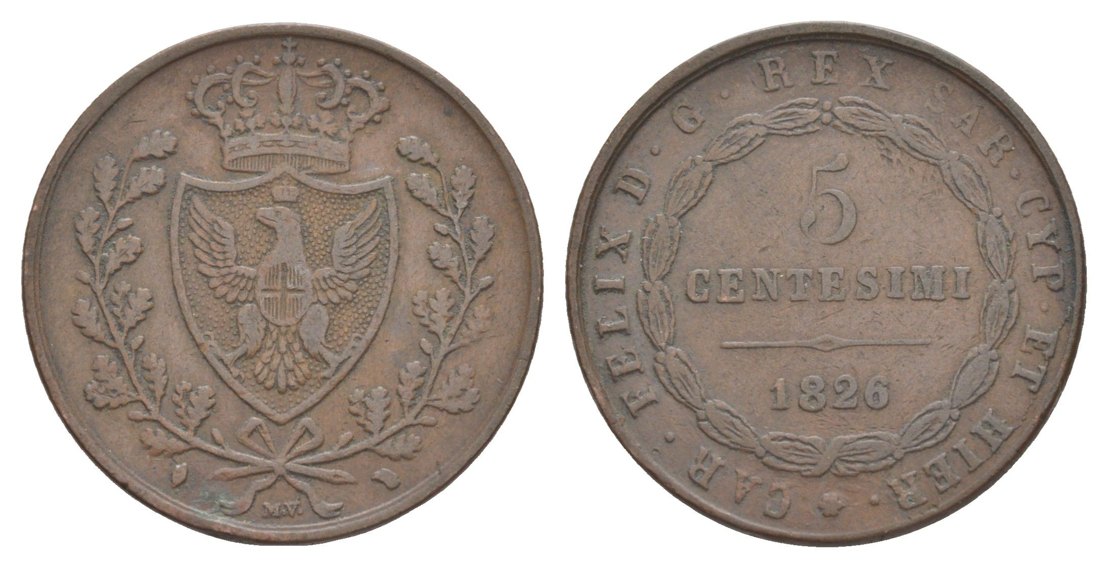 Сардиния 5 чентезимо 1826 KM 127 медь 1522-1425