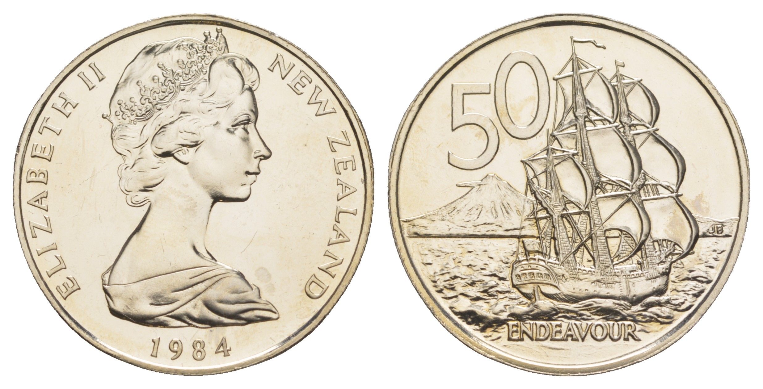 Новая Зеландия 50 центов 1984 Елизавета II (1952-2022), парусник Индевор, тираж 25.000 экземпляров KM 37 медно-никель BU 189-1121