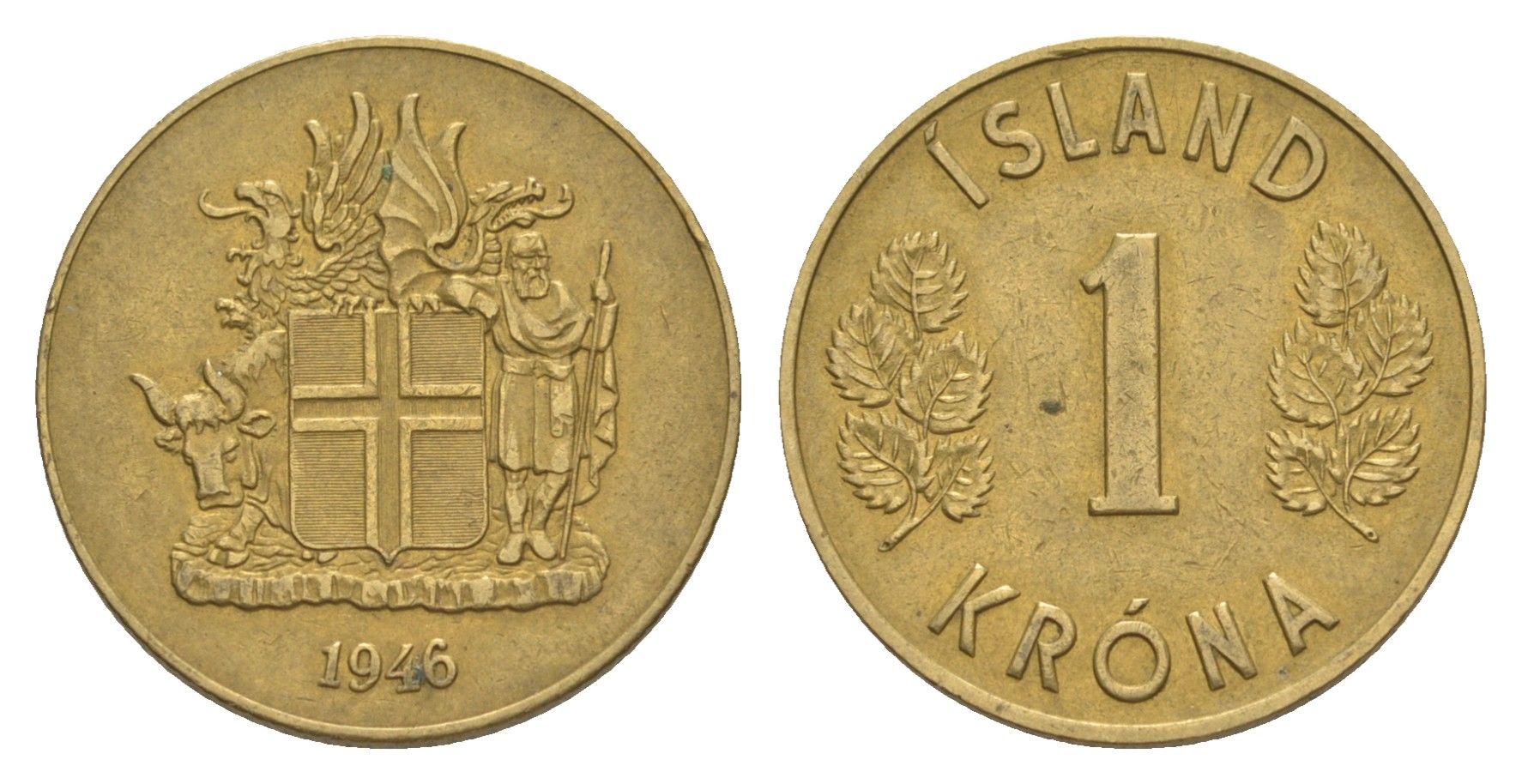 Исландия 1 крона 1946 KM 12 алюминиевая бронза 4633-1236