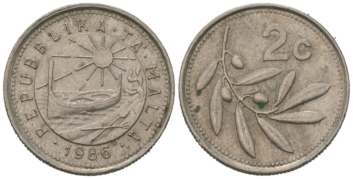 Мальта 2 цента 1986 оливковая ветвь KM 79 медно-никель 4528-942