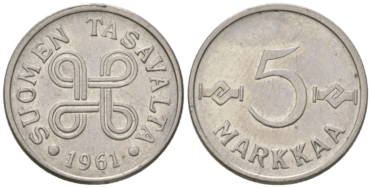 Финляндия 5 марок 1961 KM 37a железо плакированная никелем 4169-448
