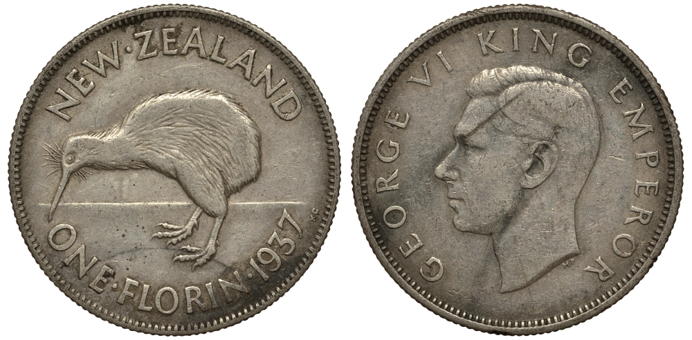 Новая Зеландия 1 флорин 1937 Георг VI (1936-1952), птичка киви, первый год KM 10.1 серебро 272-1434