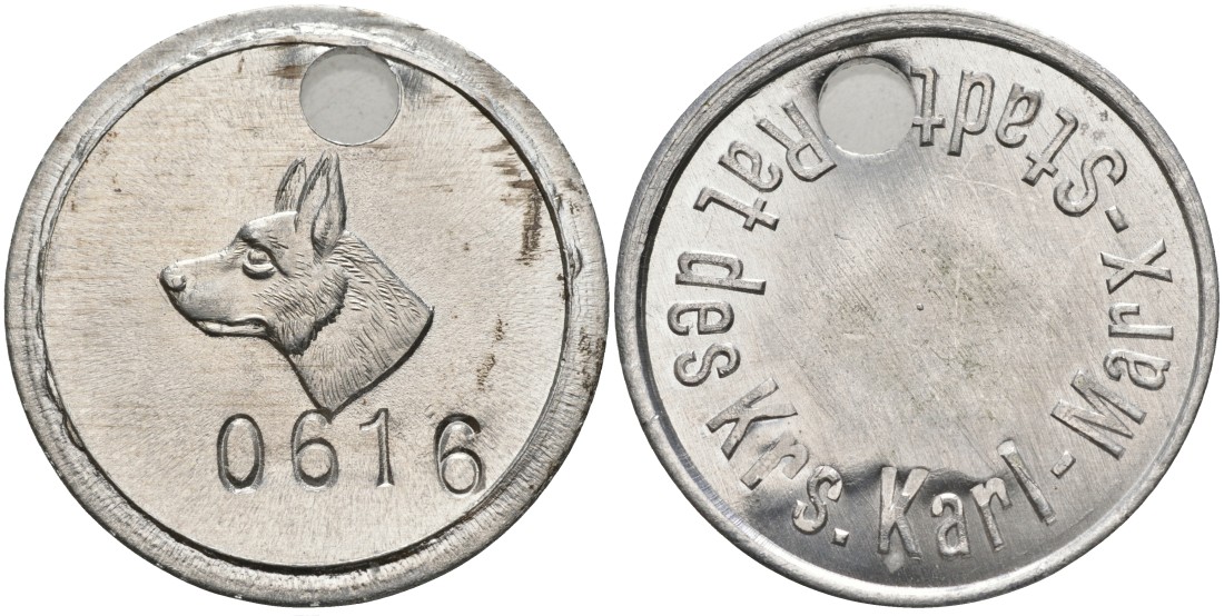 Германия СОБАЧИЙ жетон, РЕГИСТРАЦИОННЫЙ №0616, ГОРОД Карл МАРКС ШТАДТ, РАЙОННЫЙ СОВЕТ алюминий 4557-233