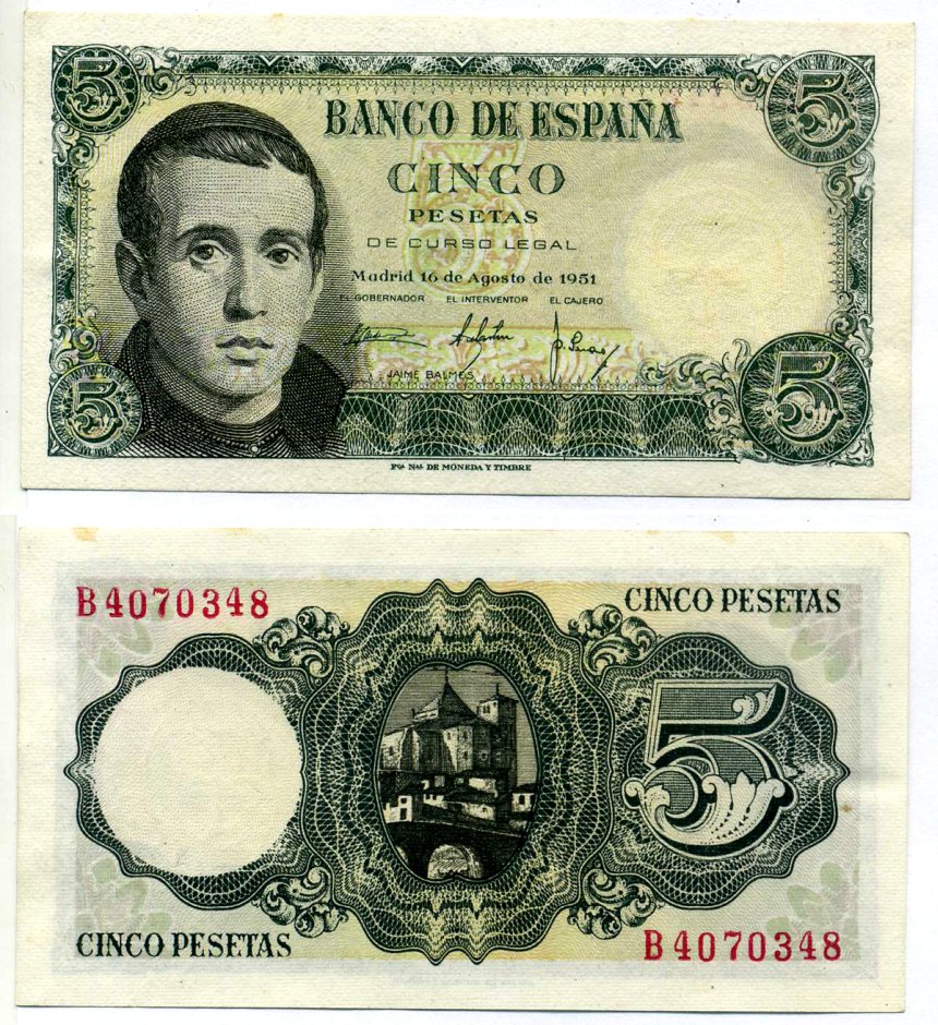 Испания 5 песет 1951 10 августа 1951 Pick 140а бумага 8613-64-1-2