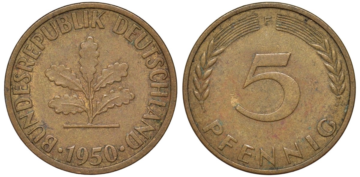 ФРГ 5 пфеннигов 1950 F KM 107, J.382 сталь плакированная латунью 4174-518