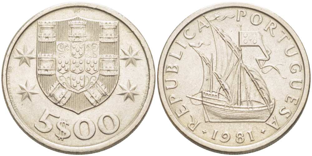 ПОРТУГАЛИЯ 5 ЭСКУДО 1981 ПАРУСНИК KM 591 медно-никель XF 4513-1053