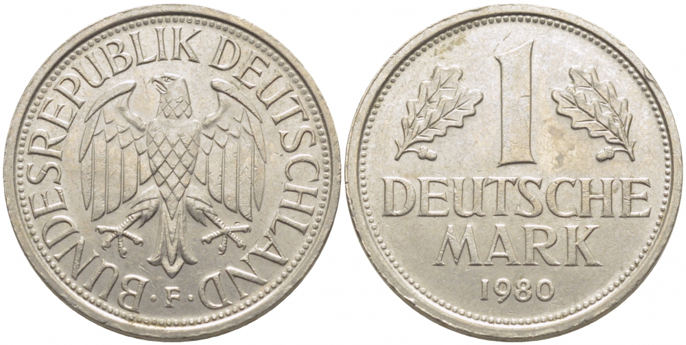 ФРГ 1 МАРКА 1980 F J.385, KM 110 медно-никель 3856-147