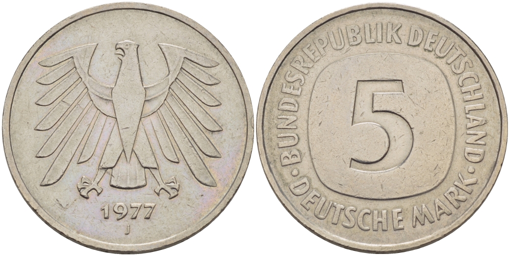 ФРГ 5 МАРОК 1977 J KM 141, J.415 медно-никель плакированный никелем 32-1223
