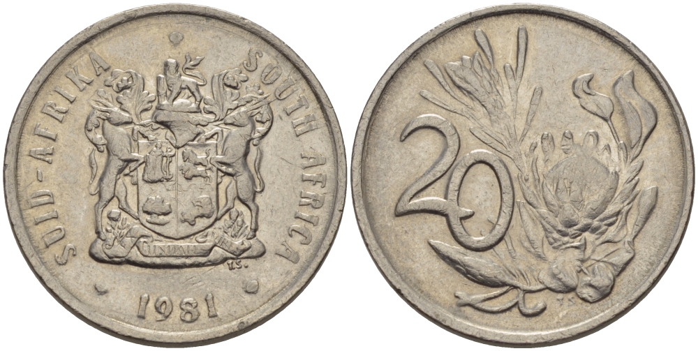ЮАР 20 ЦЕНТОВ 1981 ГЕРБ, ЦВЕТОК ПРОТЕЯ KM 85 никель 67-453