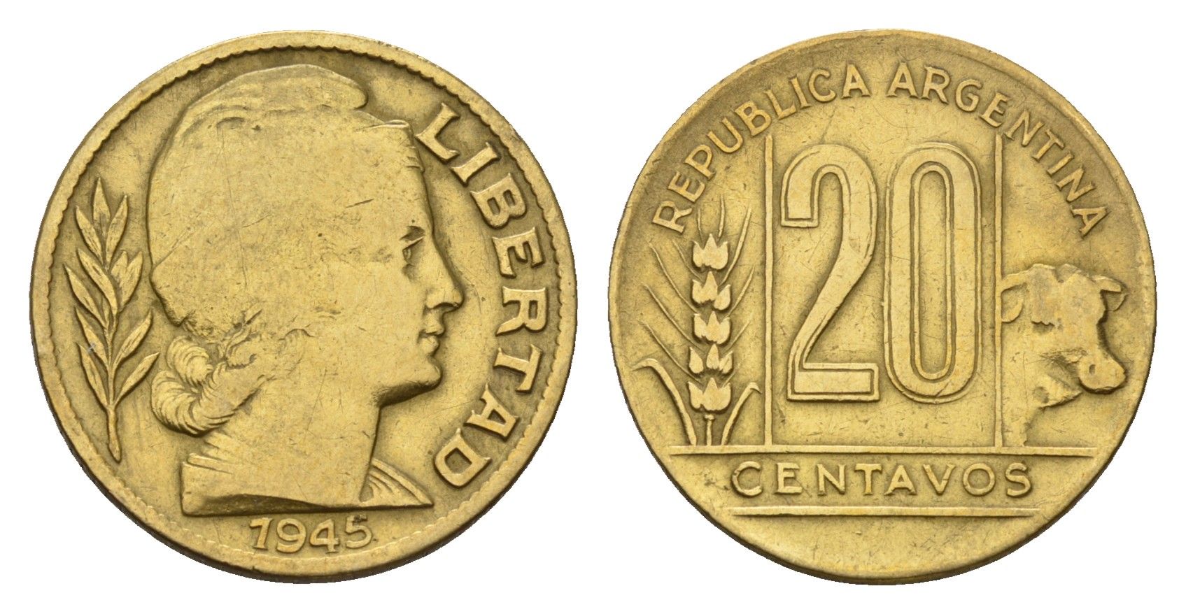 Аргентина 20 сентаво 1945 KM 42 алюминиевая бронза 4687-955