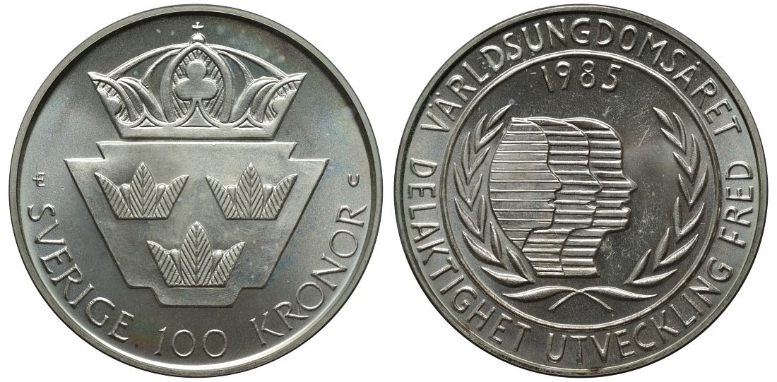 Швеция 100 крон 1985 Карл XVI Густав (1973- ), Международный год молодежи KM 864 серебро BUNC 4111-1226