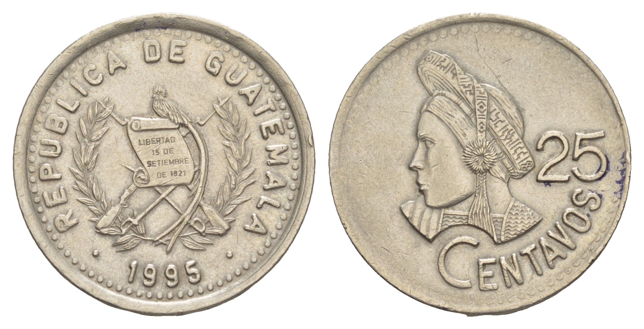 Гватемала 25 сентаво 1995 брак, разворот на 30 градусов KM 278.5 медно-никель 4642-823