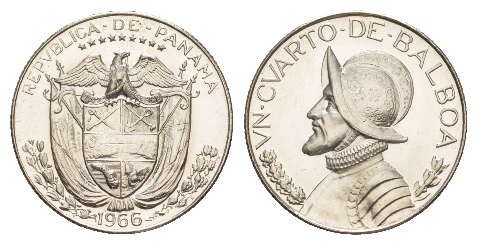 Панама 1/4 бальбоа (25 сентесимо) 1966 тираж 13.000 экземпляров KM 11.2a медь плакированная медно-никелем PROOF 1522-243