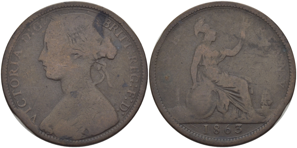 Великобритания 1 пенни 1863 Виктория (1837-1901) KM 749.2, Spink 3954 бронза 97-432