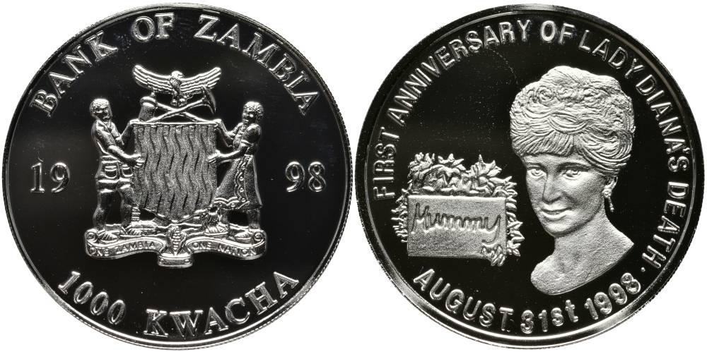 Замбия 1000 квача 1998 годовщина гибели леди Дианы, 31 августа 1998 KM 180 медно-никель PROOF 11-235-33