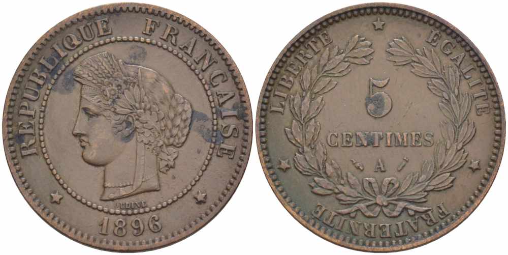 ФРАНЦИЯ 5 САНТИМОВ 1896 А, ТРЕТЬЯ РЕСПУБЛИКА (1871-1940) KM 821.1, LE FRANC 118.38 бронза 108-644