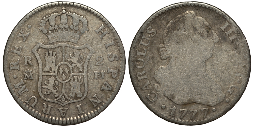 Испания 2 реала 1777 PJ, Карлос III (1759-1788) KM 412.1 (C38.1) серебро 650-921