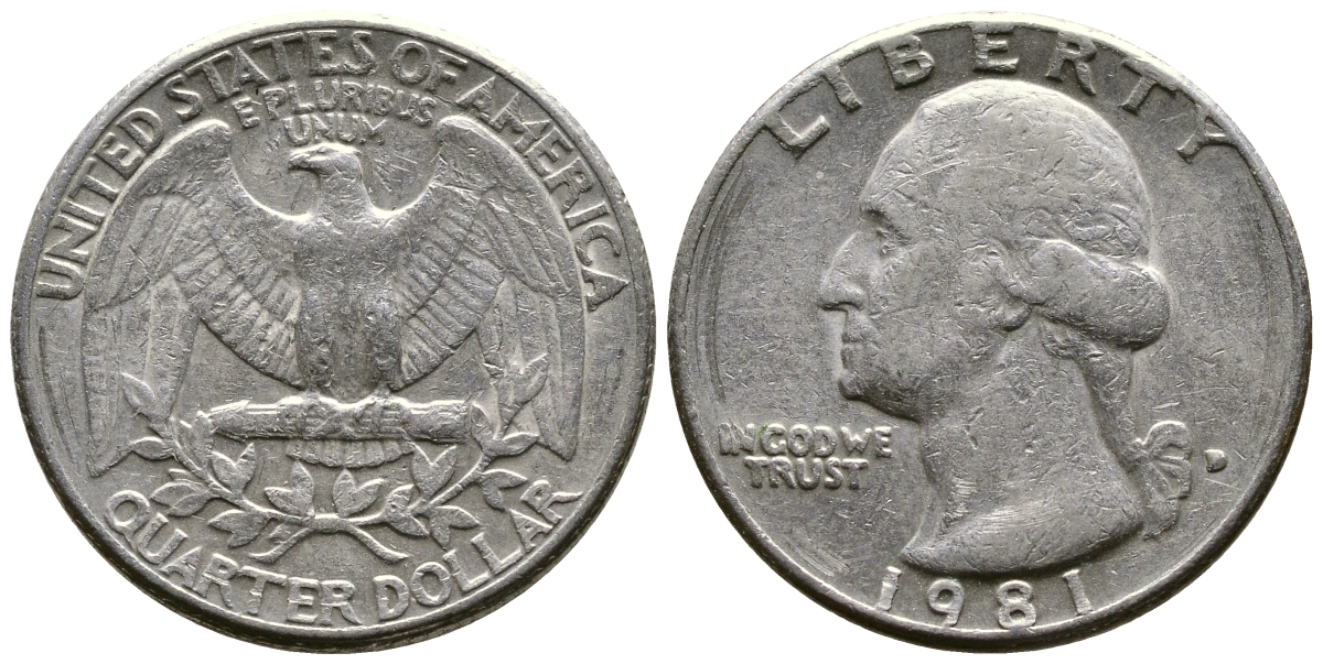 США 25 ЦЕНТОВ = КВОТЕР 1981 D, ВАШИНГТОН KM А164а медь плакированная медно-никелем 57-1044