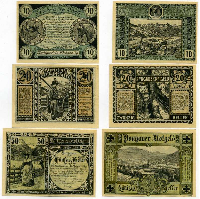 Австрия, Санкт-Иоганн-им-Понгау набор из 3 банкнот 10, 20, 50 геллеров 1920 12 мая 1920 - 31 декабря 1920, нотгельд, земля Зальцбург   бумага  UNC (пресс) 7555-26-3-1