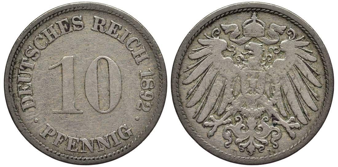 ГЕРМАНИЯ 10 ПФЕННИГОВ 1892 D KM 12, Jager 13, Weege 8 медно-никель 4513-747