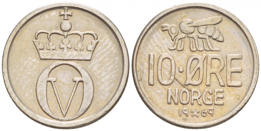 НОРВЕГИЯ 10 ЭРЕ 1969 ПЧЕЛА KM 411 медно-никель 4547-1042