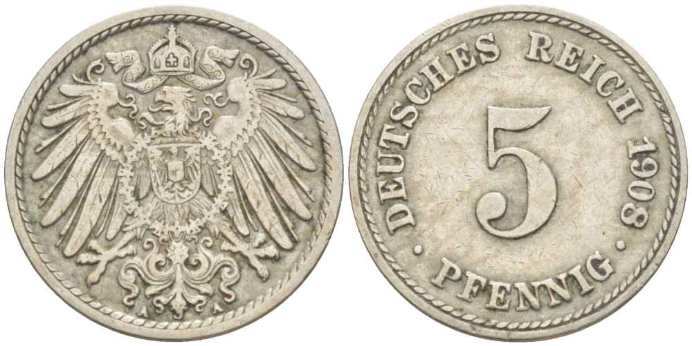 Германия 5 пфеннигов 1908 A KM 11, Jager 12, Weege 6 медно-никель 206-1222