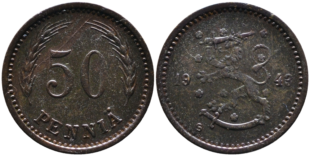 ФИНЛЯНДИЯ 50 ПЕННИ 1943 S KM 26а медь 4387-516