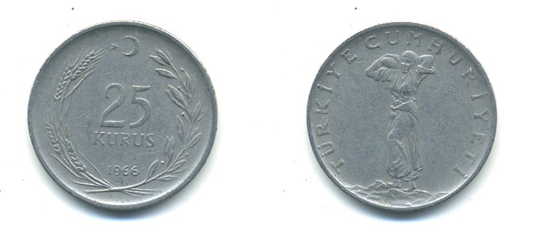 Турция 25 курушей 1966 KM 892.2 нержавеющая сталь 80-216