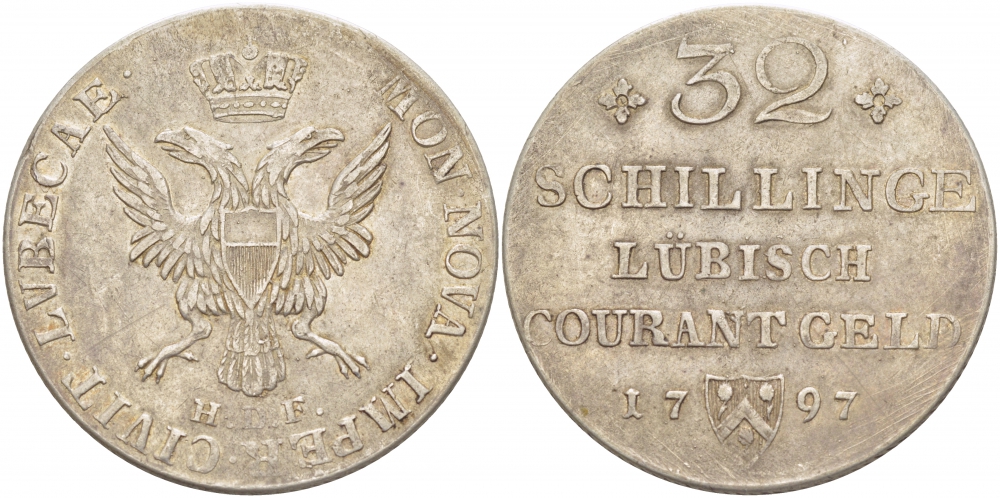 Любек 32 шиллинга 1797 H.D.F., KM 199 (C16), Behrens 303 серебро 413-1714