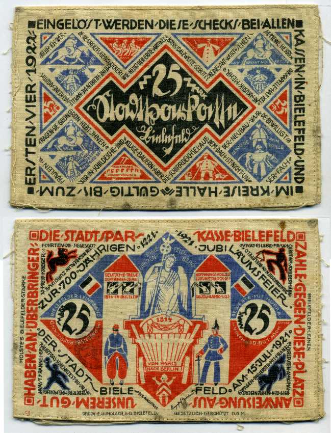 БИЛЕФЕЛЬД 25 МАРОК 1921 НОТГЕЛЬД, 15 ИЮНЯ 1921 - 1 АПРЕЛЯ 1922, ЗЕМЛЯ СЕВЕРНЫЙ РЕЙН-ВЕСТФАЛИЯ Grabowski 103.11 шёлк 6312-10-1-1