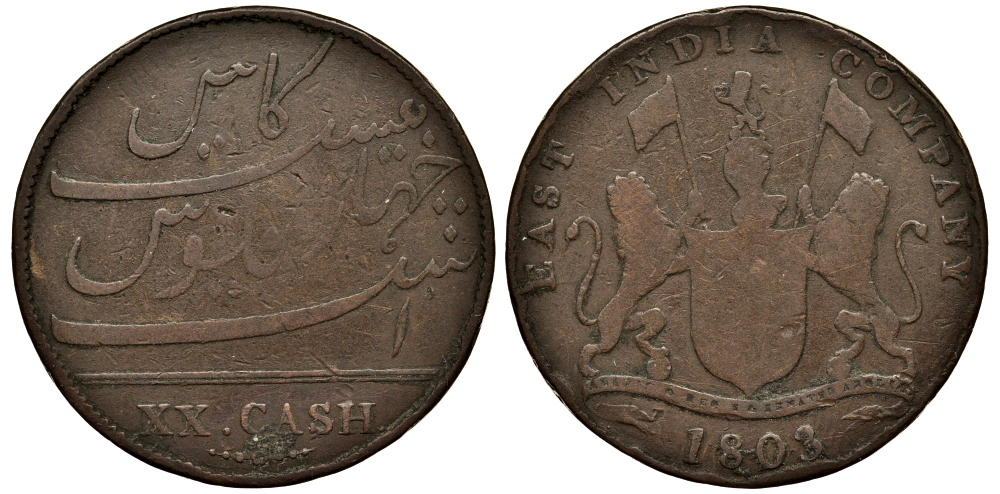 Британская Индия 20 кэш 1803 Мадрасское президентство KM 321 медь 1524-1232