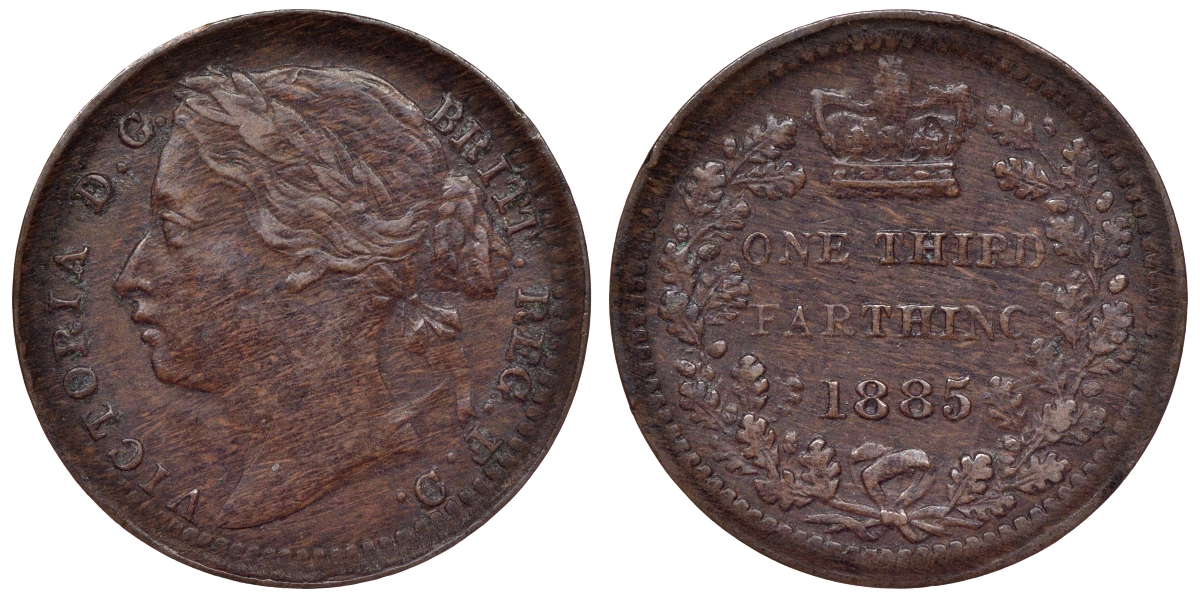 Великобритания 1/3 фартинга 1885 Виктория (1837-1901) KM 750, Spink 3960 бронза 1531-243