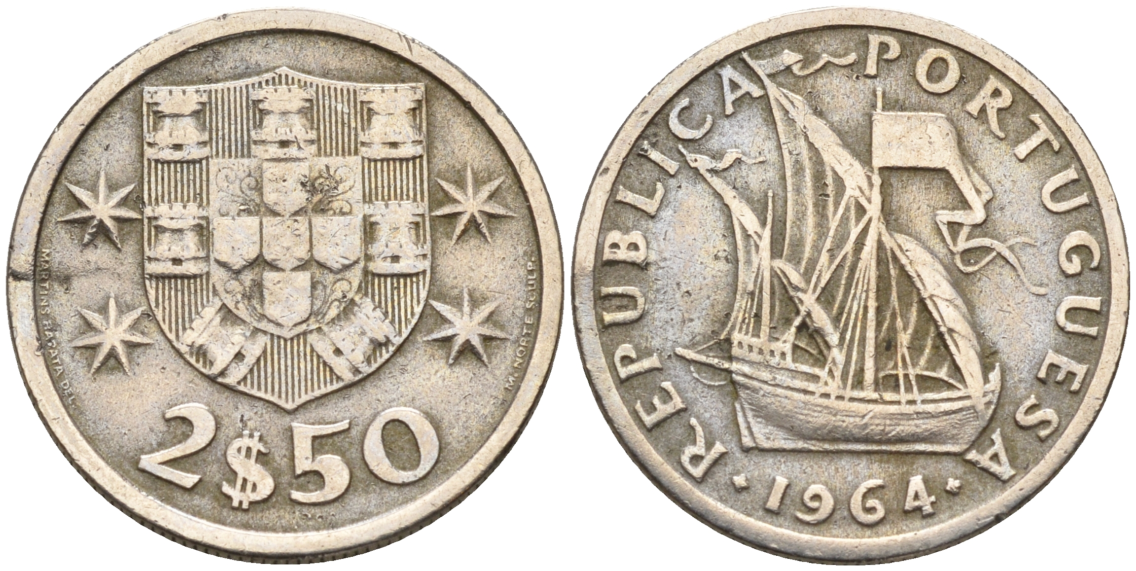 Португалия 2,5 эскудо 1964 парусник KM 590 медно-никель    4160-1168