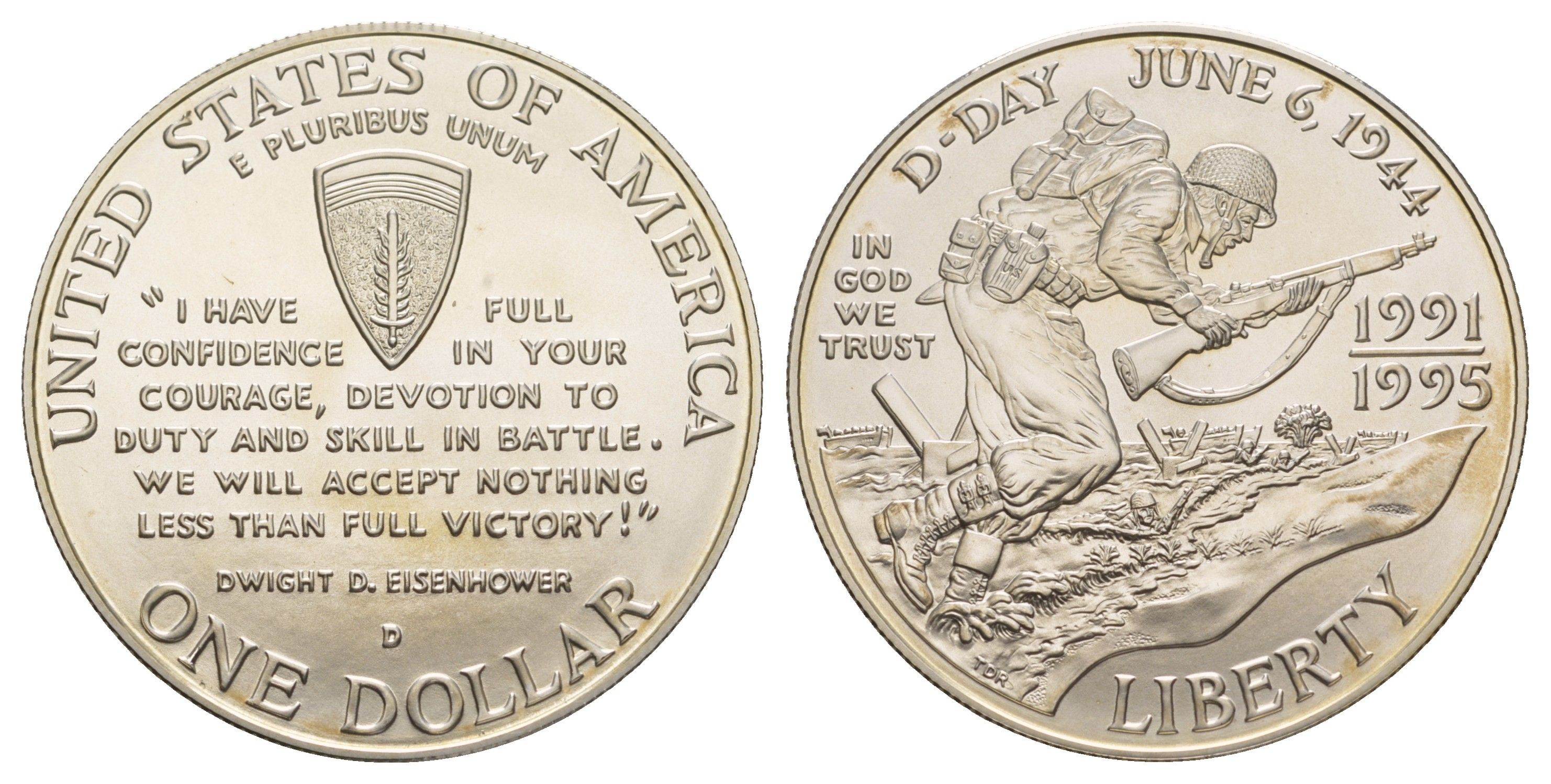 США 1 доллар 1993 D, 50 лет высадке союзников в Нормандии (День Д) в 1944, 1991-1995 KM 244 серебро BU 11-263-14