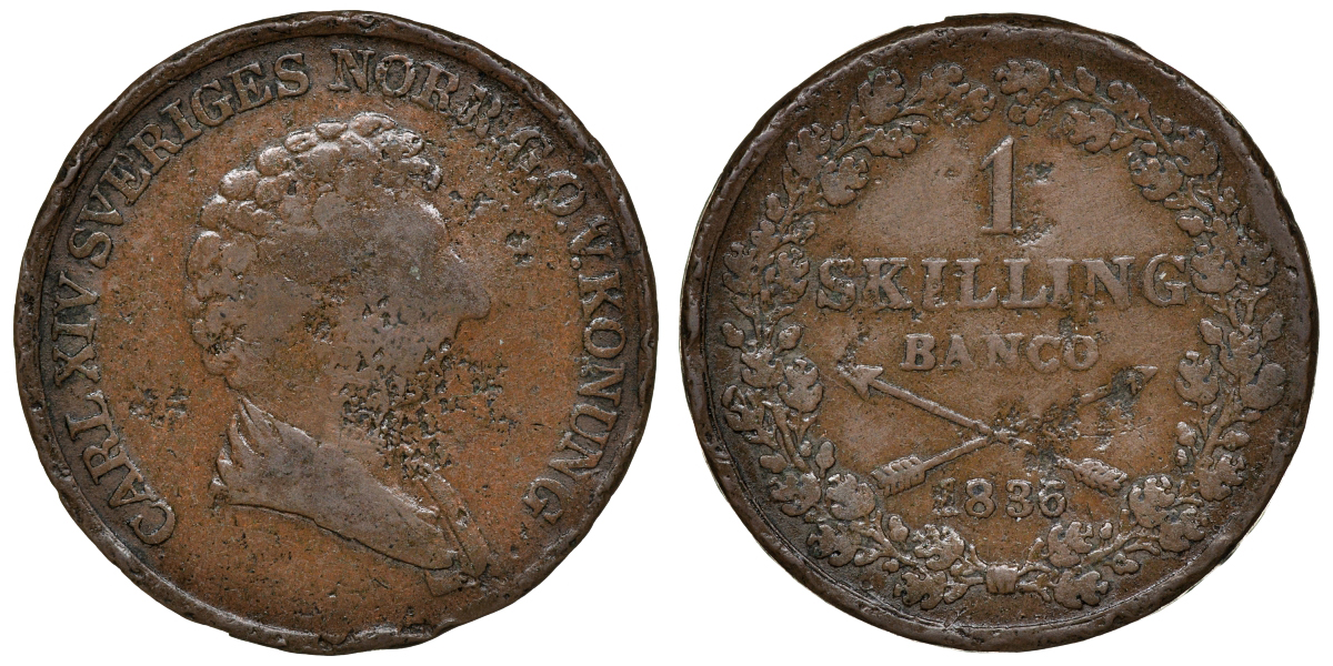 Швеция 1 скиллинг 1836 Карл XIV Юхан (1818-1844) KM 642 медь 4112-116