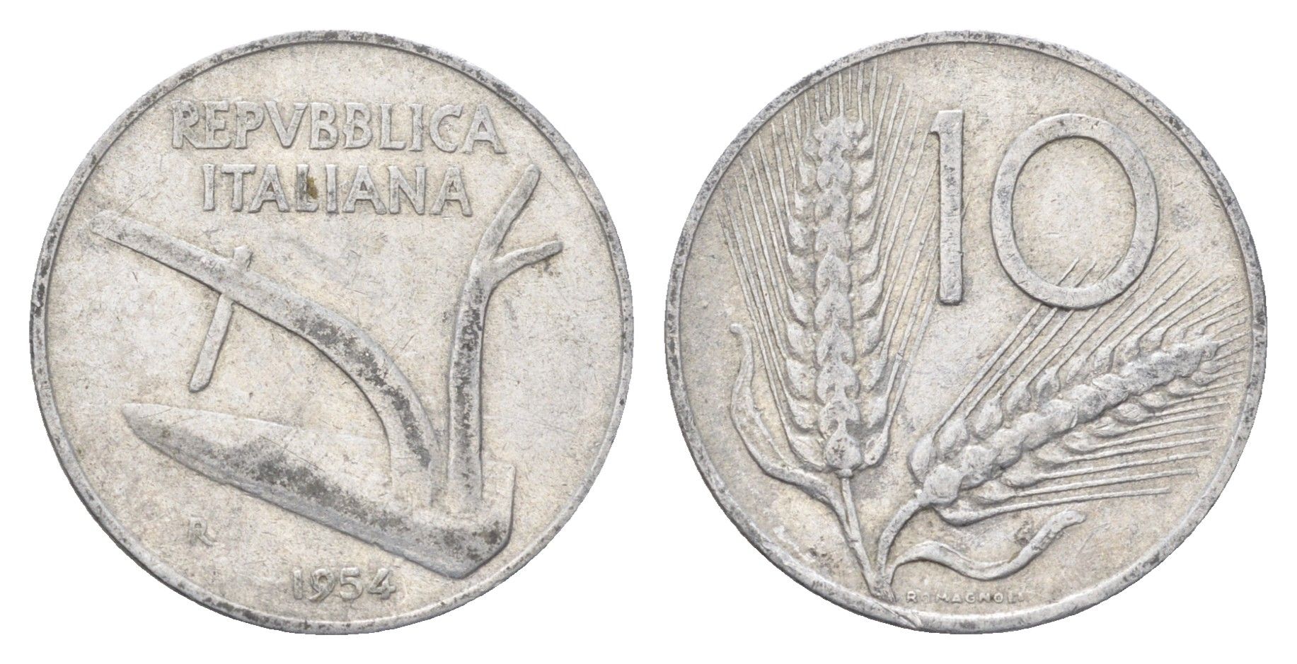 Италия 10 лир 1954 R, плуг, колосья KM 93 алюминий 4704-526