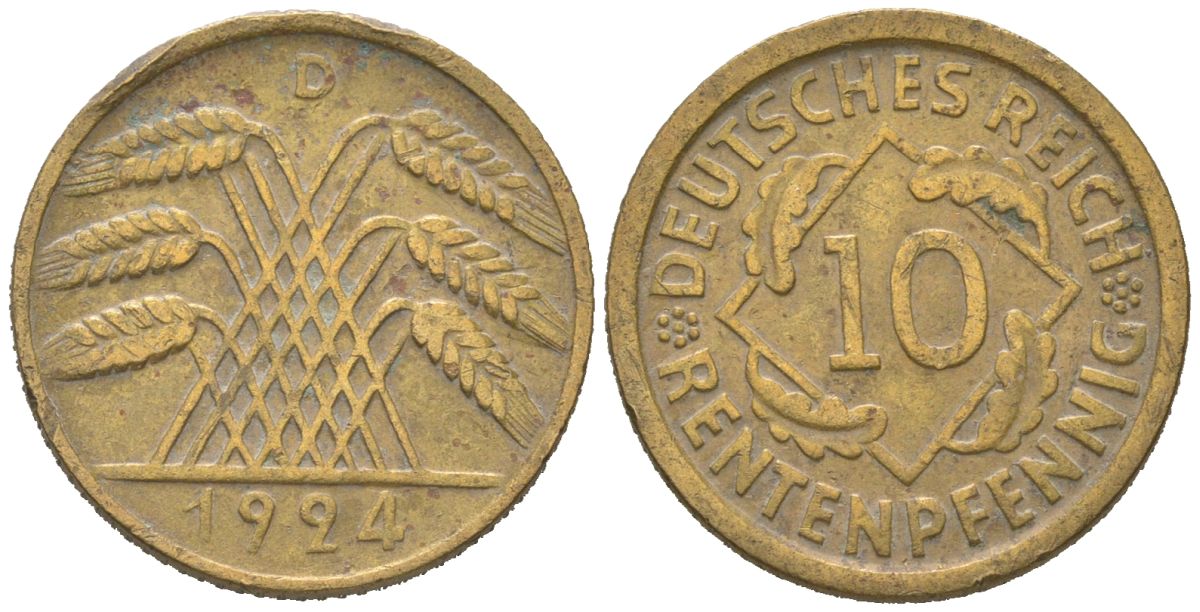 Германия 10 рентенпфеннигов 1924 D KM 33, J. 309 алюминиевая бронза 4124-164