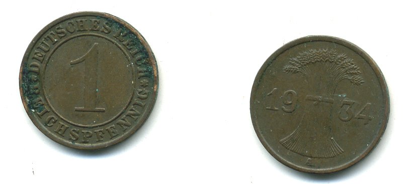ГЕРМАНИЯ 1 РЕЙХСПФЕННИГ 1934 A KM 37 бронза 54-724