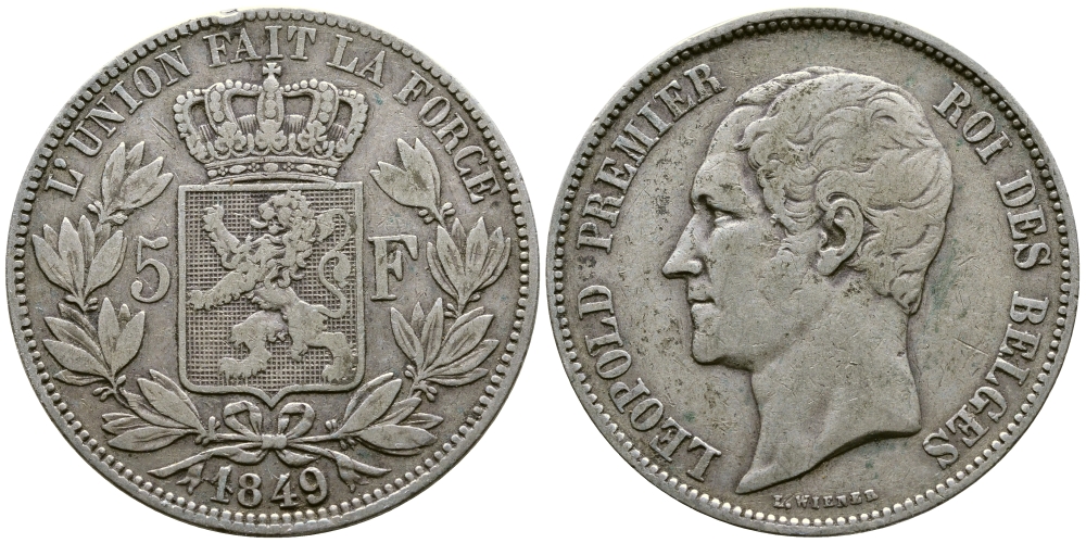 Бельгия 5 франков 1849 Леопольд I (1831-1865) KM 17 серебро 74-1114