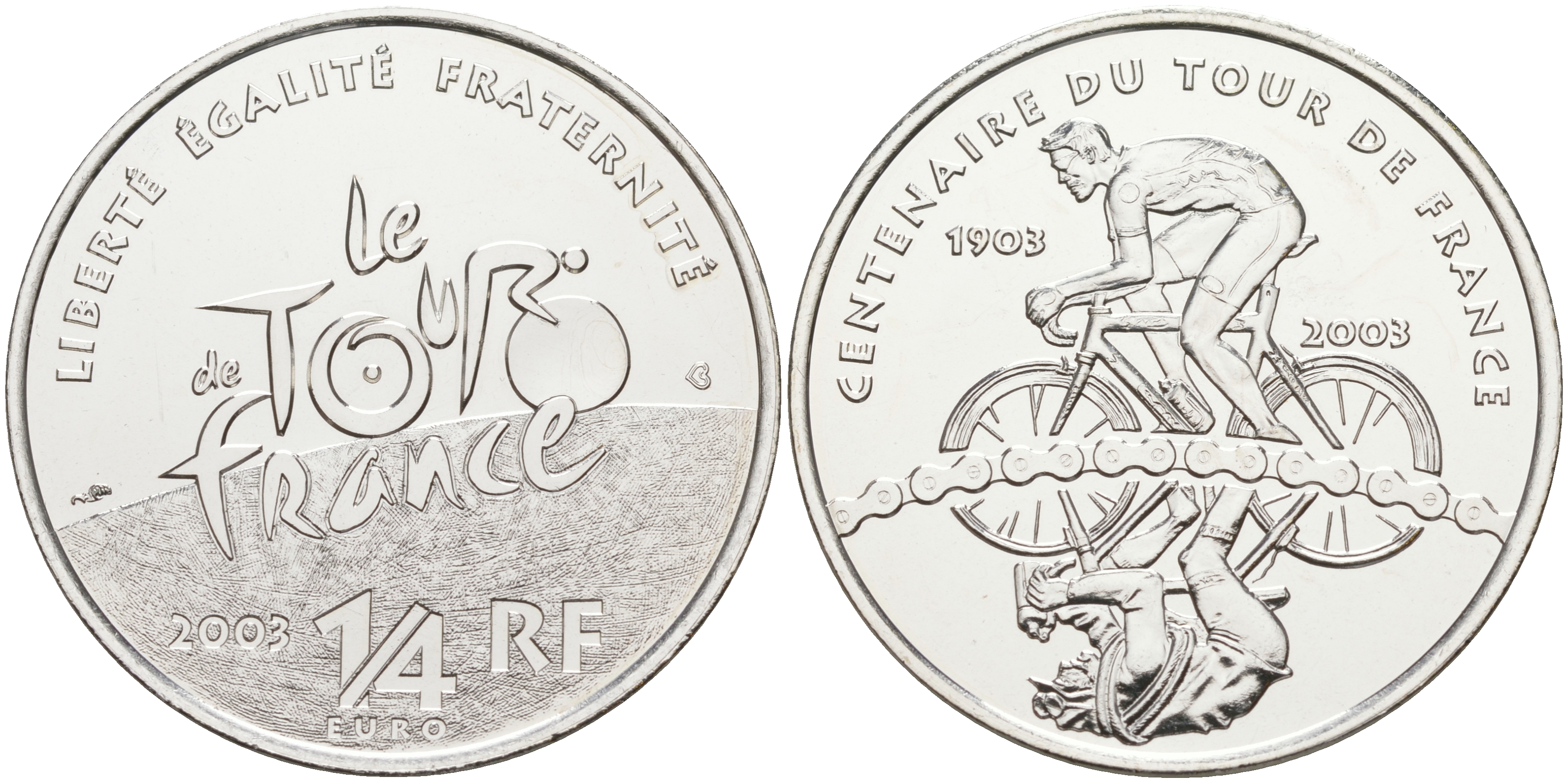 Франция 1/4 евро 2003 100 лет велогонкам "Тур де Франс" KM 1995 серебро UNC 1087-10-21