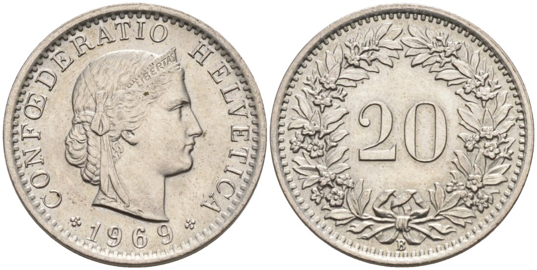 Швейцария 20 раппенов 1969 В KM 29а медно-никель 92-1255