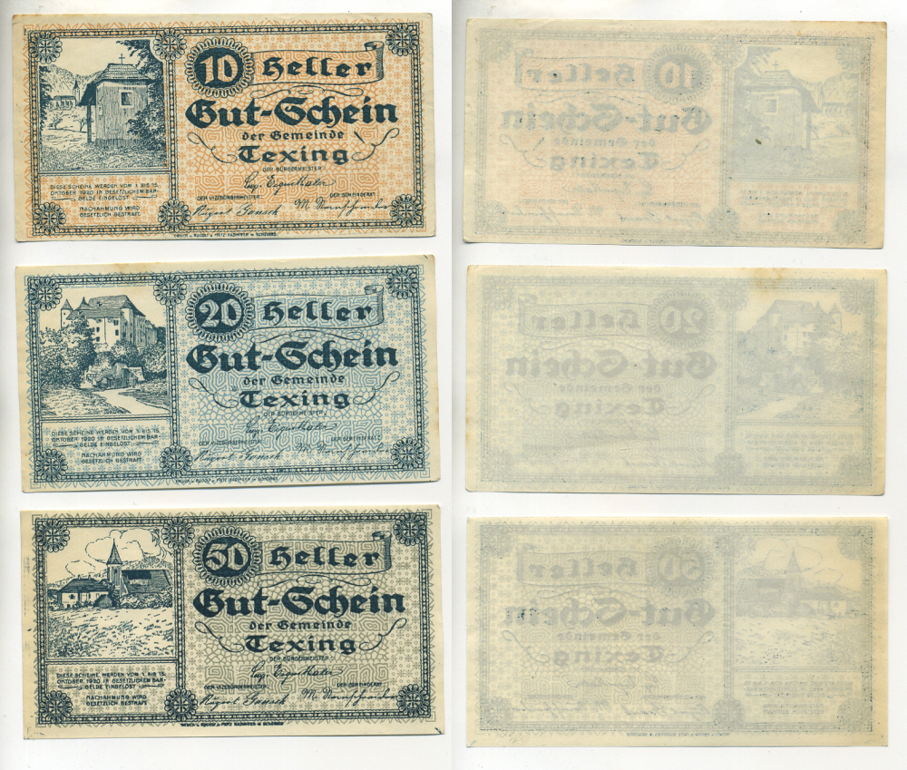 Австрия набор из 3 банкнот 1920 7-15 октября 1920, нотгельд, 10, 20, 50 геллеров, TEXING   бумага  XF 7523-54-3-1