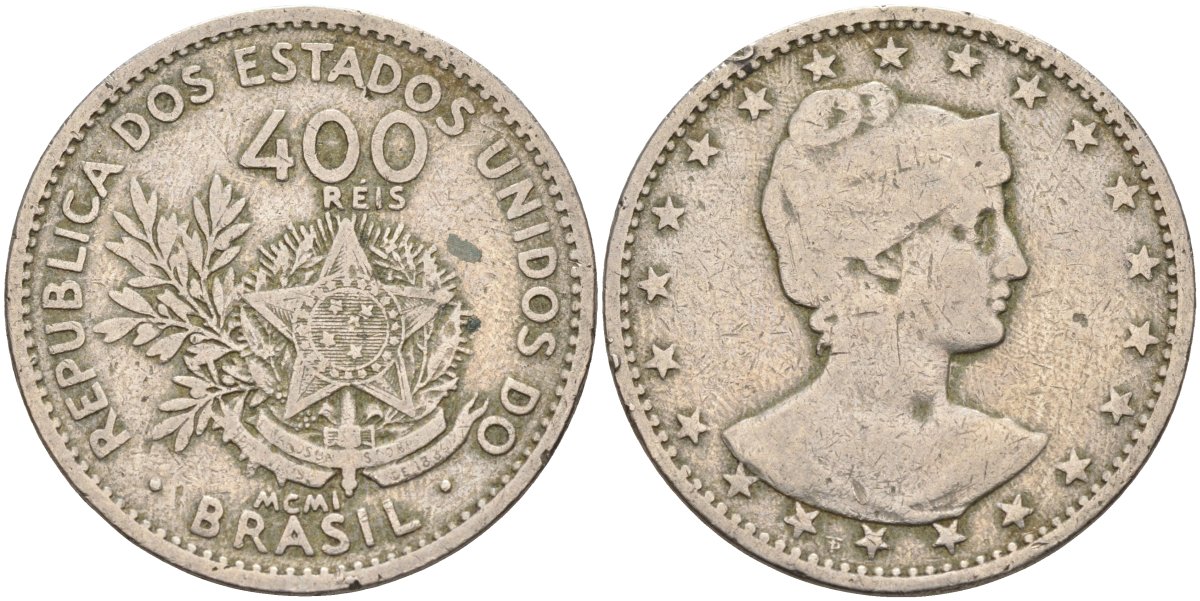 Бразилия 400 рейс 1901 голова свободы вправо KM 505 медно-никель 4367-234