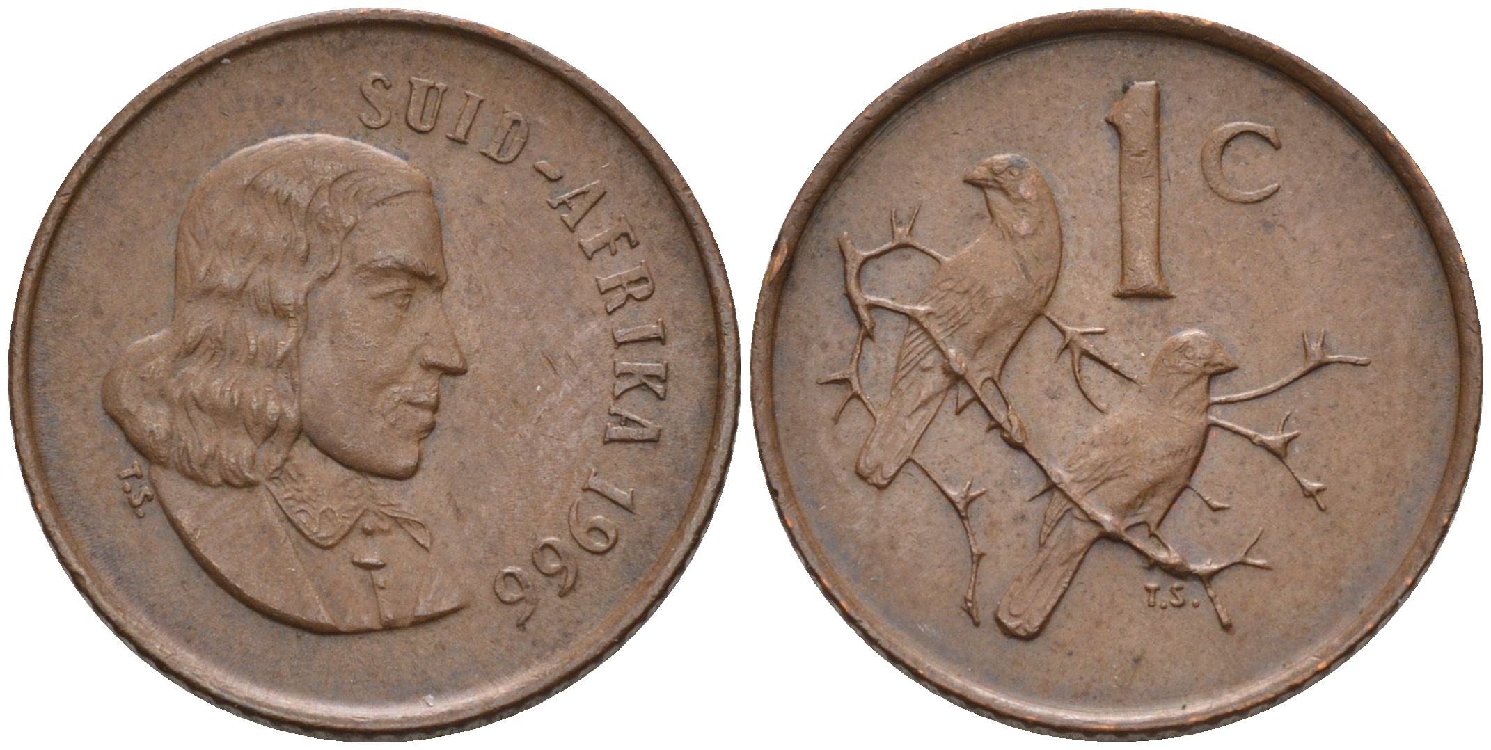 ЮАР 1 цент 1966 Ян ван Рибек (1619-1677), Suid Africa, легенда на африкаанс, капские воробьи KM 65.2 бронза 4594-133