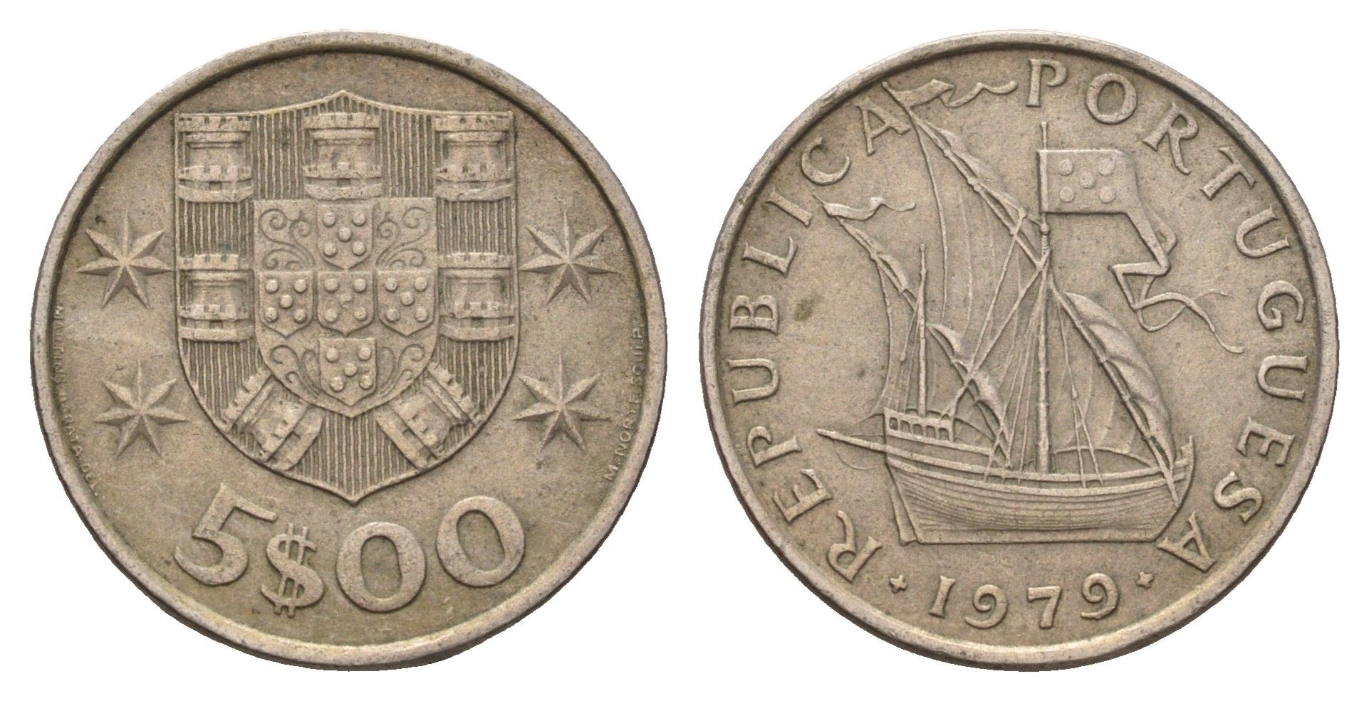Португалия 5 эскудо 1979 парусник KM 591 медно-никель 4707-234