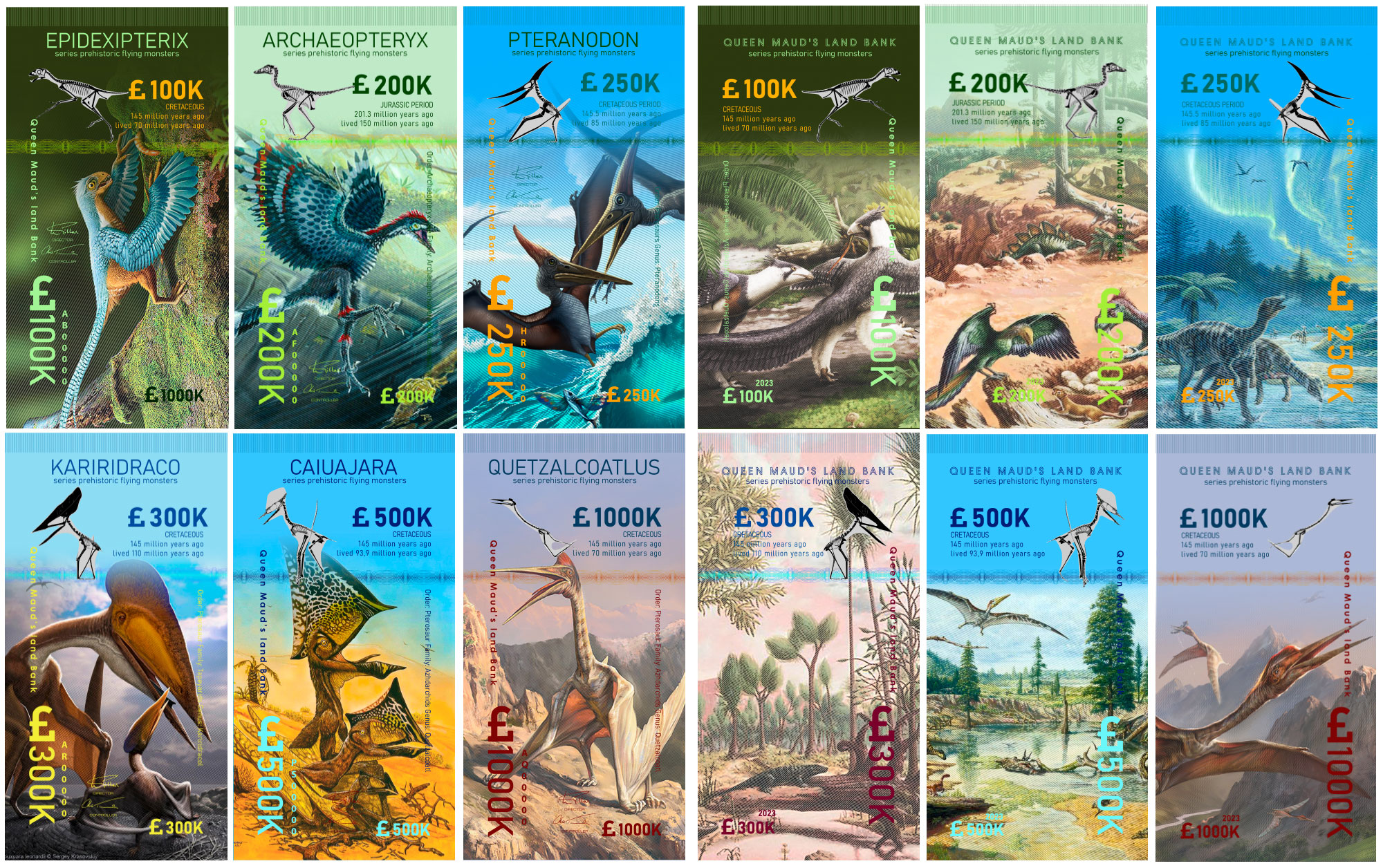 Земля Королевы Мод набор из 6 банкнот ND доисторические летающие ящеры (динозавры)   полимерная бумага  UNC (пресс) 448-59-2
