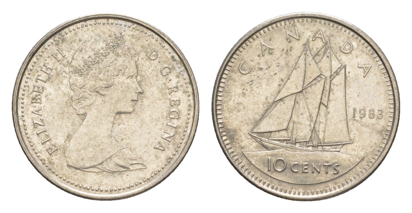 Канада 10 центов 1983 Елизавета II (1952-2022), парусник KM 77 никель 4639-645