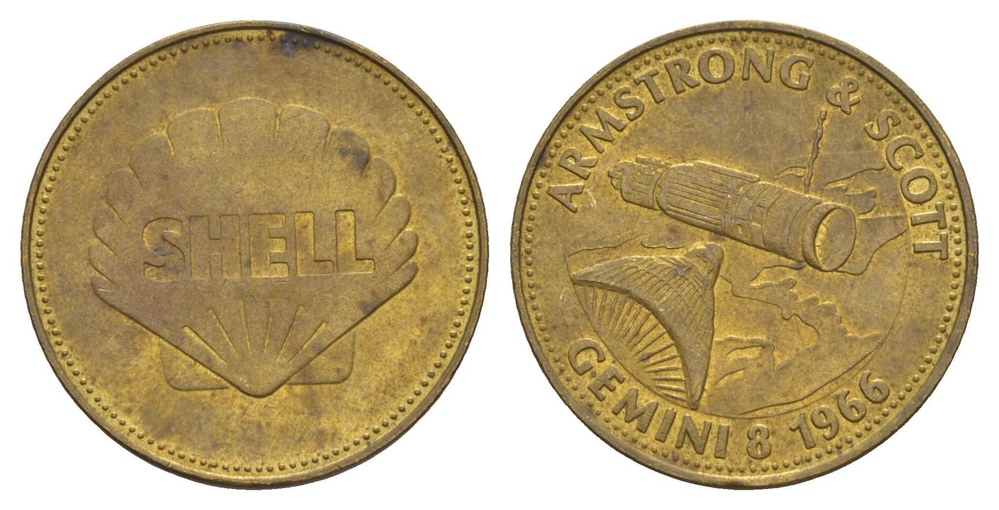 Франция жетон Shell - Человек в полете - Армстронг и Скотт, Gemini 8 1969 диаметр 26 мм, вес 5 гр Kooij RS011.18c сталь плакированная латунью 4656-323