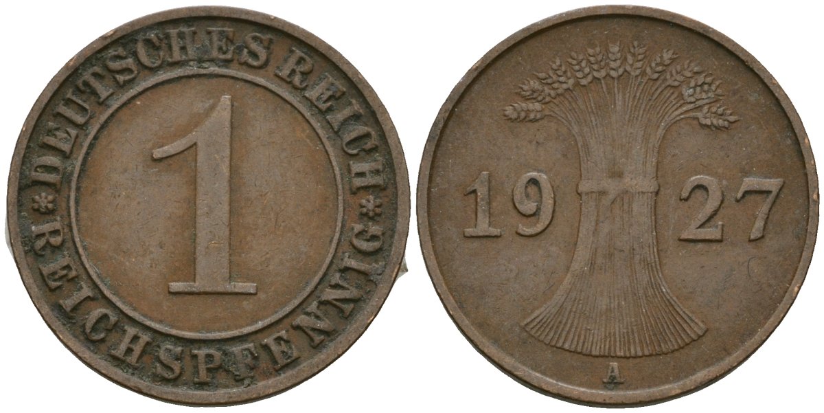 Германия 1 рейхспфенниг 1927 A KM 37, J. 313 бронза 4189-1119